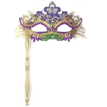 Imagem de Pretishows Mardi Gras Masquerade Mask Venetian Helding Stick Mask Halloween Carnival Costume Mask for Party Gold/Green/Purple
