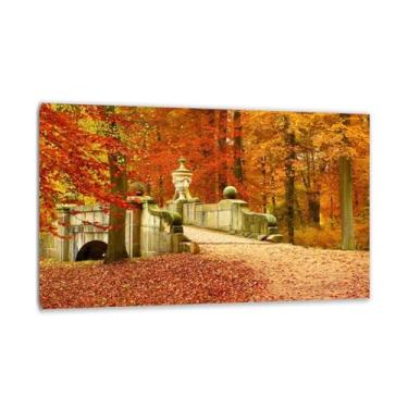 Imagem de Arte de parede em tela de árvore de outono - impressão em tela paisagem - pintura de floresta em tela - ponte no parque arte para decoração de parede emoldurada pronta para pendurar 50 x 80 cm (20 x