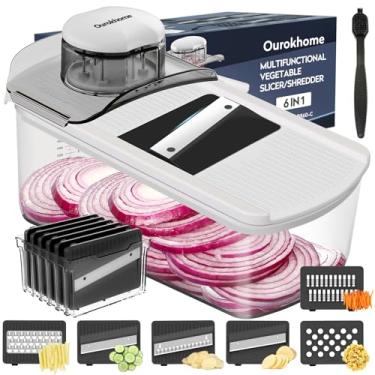 Imagem de Ourokhome Fatiador de alimentos bandolim, triturador de vegetais de cozinha seguro para as mãos com 6 lâminas de mandrim, cortador de waffle vegetariano para batata, cenoura, abobrinha, cebola,