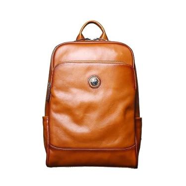 Imagem de Mochila de ombro de couro para homens Vintage casual multifuncional bolsa de viagem de grande capacidade para homens(Yellow)