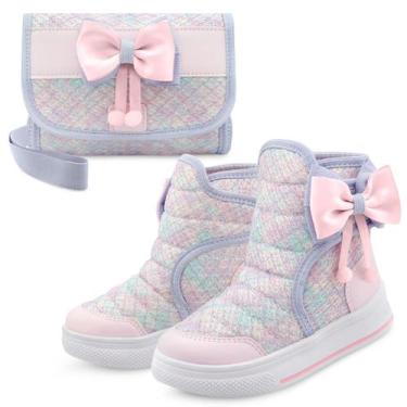 Imagem de Kit Bota Infantil Menina Com Bolsa Cano Alto Feminina Rosa/Brilho Gata