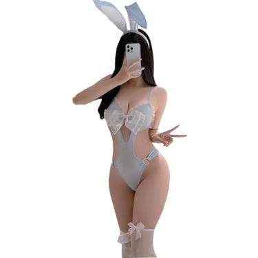 Imagem de Lingerie feminina sexy cosplay coelhinho anime laço malha pelúcia body peça única para festa cosplay fantasia (azul, tamanho único)
