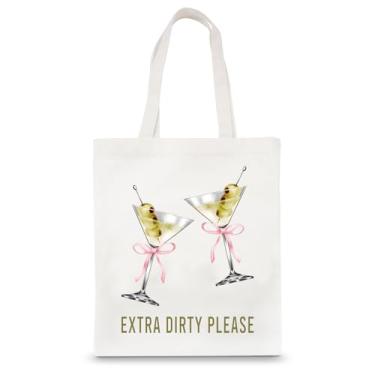 Imagem de Whaline Bolsa de compras Dirty Martini Canvas Pink Bow Martini A Tini Bit Older reutilizável Goodie Bags para embrulhar suprimentos de armazenamento, Multicor, 13.4 x 15.8 inch