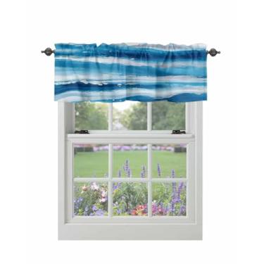 Imagem de Cortina para janelas ombré azul branco ondulado listras haste bolso sanefa tratamentos arte abstrata cortinas curtas para cozinha janelas sala de estar quarto decoração 106,66 x 30,5 cm