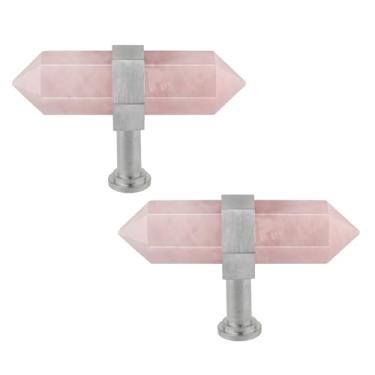 Imagem de Rockcloud Pacote com 2 puxadores de gaveta de pedra de ponto de cristal com parafusos puxador de armário prateado puxador de armário decoração de casa, quartzo rosa