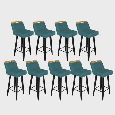 Imagem de Kit 09 Banqueta Alta Encosto Lith Para Cozinha Bar Balcão Bistrô Pé Palito Preto Suede Azul Turquesa - Ahz Móveis