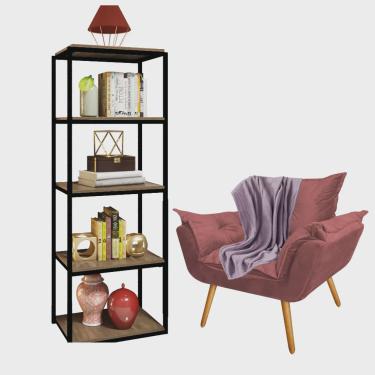Imagem de Kit Poltrona Fatte com Manta Soft Lilás e Estante Livreiro Ferro Preto mdf Freijó Suede Rose Gold - Ahz Móveis