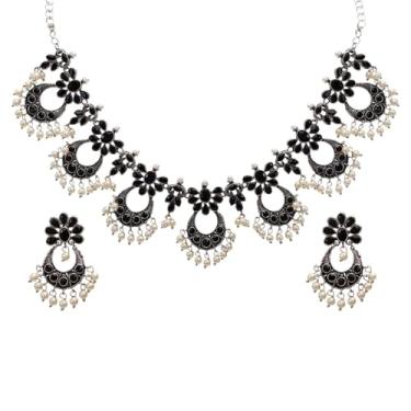 Imagem de Efulgenz Joias indianas oxidadas floral Chandbali antigo boho cristal conjunto de colar de pedras de cristal falso pérola pingente brincos gargantilha conjunto de joias boêmias para mulheres, Cobre