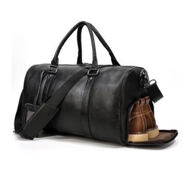 Imagem de LUUFAN Bolsa de viagem de couro genuíno com compartimento para sapatos, bolsa de ombro masculina e feminina para férias e negócios ao ar livre (45 cm-preta), 45 cm - preto, Retrô