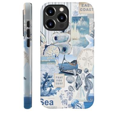 Imagem de TnXee Capa compatível com iPhone 16 Pro Max, capa rígida híbrida de 2 camadas de prevenção de queda para meninas e meninos, colagem retrô azul oceano concha