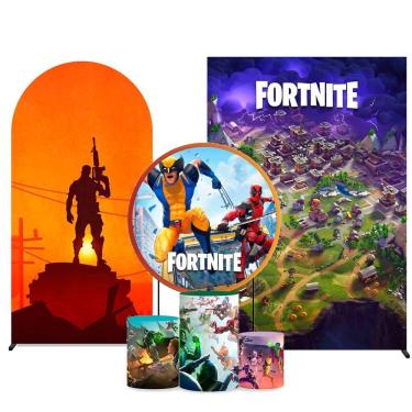 Imagem de Kit Painel de Festa Redondo de 1,50m, Trio de Cilindros, Painel Lateral e Romano Fortnite - Fera Print