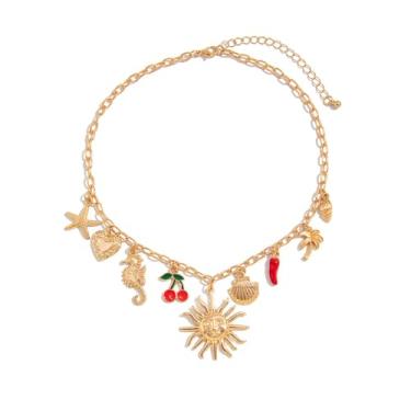 Imagem de Colar feminino delicado com clipe de papel, corrente de elos gargantilha, estilo boêmio, estrela-do-mar, coração, cavalo-marinho, cereja, pimenta, coqueiro, concha, sol, pingente, moderno, y2k, oceano