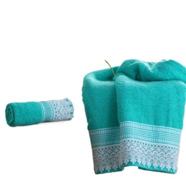Imagem de Jogo 2 Peças Toalha Banho e Rosto 500 gr Ouro Gigante Com Renda(verde Esmeralda)