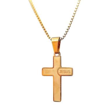 Imagem de Colar dourado feminino crucifixo veneziana fino inox cruz c5 - kingsto