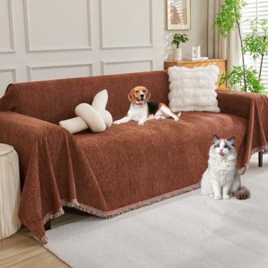 Imagem de Capa de sofá de chenille extra larga de 231 x 340 cm, lavável para 3 a 4 almofadas, em forma de L, para sofá, borla, protetor de móveis para cães e animais de estimação, café