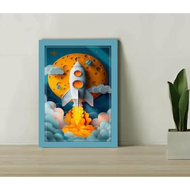 Imagem de Quadro Decorativo Infantil Foguete Espacial + Vidro 33x25 - Estação Ve