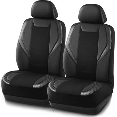 Imagem de Capa de assento automotivo para carro, fibra de carbono esportiva com capa de assento frontal de malha respirável, protetores de assento de carro de cor preta sólida, capas interiores automotivas, ajuste universal para carros, SUV e caminhões