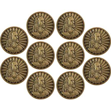 Imagem de Jesus Coin, Bulk Pack of 10, Head of Christ by Warner Sallman Challenge Coin, Easter Handout, KJV Bible Verse Prayer Token, Antique Gold Plated Catholic and Christian Religious Jesus Picture Coin