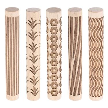Imagem de HARFINGTON 5 peças de rolo de argila de madeira, 10 cm, linhas de madeira, textura de grãos, padrão de flores, rolos, ferramentas de cerâmica, rolos para argila para assar massa, massa, brinquedo faça