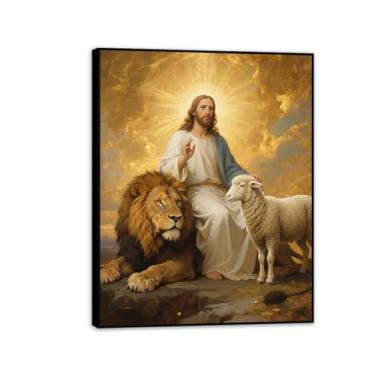 Imagem de Arte de parede em tela de leão e cordeiro, cristão, Jesus Leão, Rei, impressão de Deus, religiosa, decoração de parede, imagens para sala de estar, quarto, 40 x 30 cm (16 x 12 pol), moldura preta