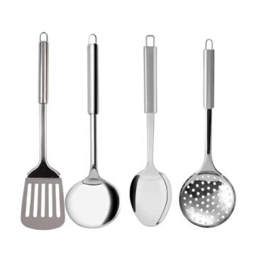 Imagem de Kit 7 Utensílios para Cozinha Inox Escumadeira Concha Colher de Arroz Pegador Massa Garfo Trinchante (4 Peças)