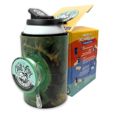 Imagem de Feito nos EUA | Cooler para latas de pesca da Shark Tank | Suporte rígido para bebidas com carretel de linha de mão | Serve na maioria das mangas de lata ou biscoitos | Presente de pesca exclusivo