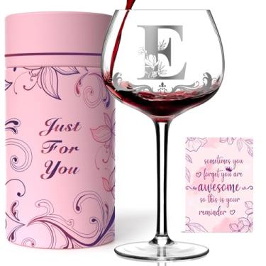 Imagem de Presentes de monograma personalizados para mulheres - taça de vinho com inicial A-Z personalizada, presentes exclusivos de aniversário e Natal para ela, mãe, esposa, irmã, filha, amiga (letra E)