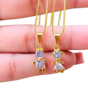 Imagem de Colar Com Pingente Filhos Menino Menina Banhada a Ouro 18k Presente Mã