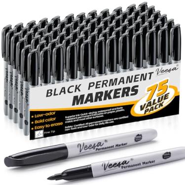 Imagem de VEESA Marcadores permanentes ponta fina, marcadores pretos de 75 unidades, à prova d'água, à prova de manchas, canetas marcadoras permanentes de secagem rápida para escritório, escola, casa