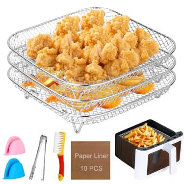 Imagem de Cesta de fritadeira a ar de 19,8 cm, rack de desidratação empilhável de 3 camadas, cestas de malha de aço inoxidável 304, churrasqueira Ninja Foodie, adequada para fritadeiras a ar com dimensões