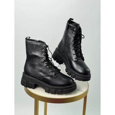 Imagem de Coturno Feminino em Couro, Cano Médio 12cm, Sola Tratorada, Cadarço, Plataforma 4.5cm, Preto e Bege (PRETA, BR, Adulto, Numérico, 35)