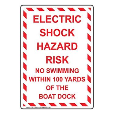 Imagem de ComplianceSigns. Com Placa Vertical Electric Shock Hazard Risk No Swimming Within 100 jardas da doca do barco, 25,4 x 17,8 cm Plástico para recreação elétrica