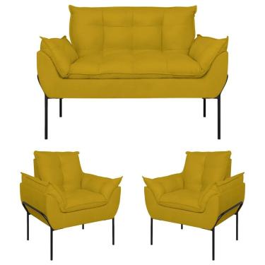 Imagem de Kit 02 Poltronas Opala + Namoradeira Base Metal Preta Amarelo