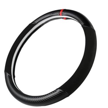 Imagem de Capa de volante de fibra de carbono + couro Crip Grb com acabamento circular esportivo vermelho, ajuste universal antiderrapante para todos os volantes de 35 a 38 cm