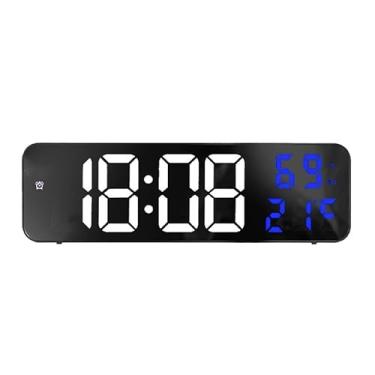 Imagem de Pissente Grande Relógio de Parede Digital LED Design de Espelho Com a Temperatura da Data de Tempo para o Quarto da Sala de Estar Em Casa (Branco e azul)