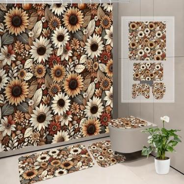 Imagem de Aperturee Conjunto de cortina de chuveiro de girassol 182 x 182 cm, design de flores de outono com fundo marrom rústico, inclui tapete de banho, tapete em forma de U, capa de vaso sanitário e 12