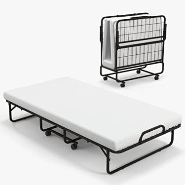 Imagem de KOMFOTT Cama dobrável dobrável com colchão de 10 cm, cama de solteiro portátil com rodízios, colchão de espuma viscoelástica e estrutura de metal, camas dobráveis para quarto de hóspedes e escritório