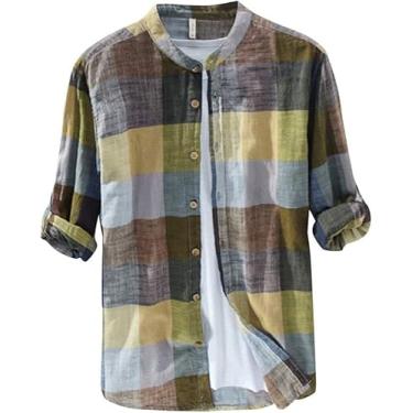 Imagem de Camisa De Gola Vovô De Linho Xadrez De Manga Longa Casual Masculina Verde