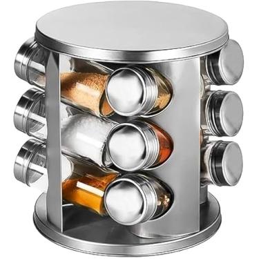 Imagem de Porta Tempero 12 Potes Em Vidro Com Suporte Giratório - Porta Condimentos 12 Potes Base Giratória em Aluminio e Vidro