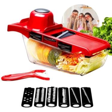 Imagem de Cortador Fatiador e Ralador de Legumes Multifuncional 6 em 1, Mandolin com Lâminas de Aço Inox Resistente e Prático, com Descascador de Vegetais, Ideal para Batatas, Cebolas e Diversos Alimentos