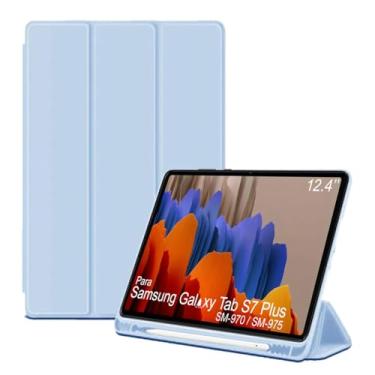 Imagem de Capa Tablet flip para Samsung Galaxy Tab S7+ SM-T970 SM-T975 NZAHZTO 12.4 polegadas Smart pen resistente aveludada compatimento caneta Case capinha Anti Impacto Suporte Pencil - Alamo (azul claro)