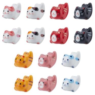 Imagem de WEBEEDY 14 peças, 7 estilos de contas de gato da sorte de cerâmica Maneki Neko contas de gato da sorte porcelana gatos da sorte espaçador solto mini contas a granel para pulseiras, colar, chaveiros