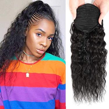 Imagem de Kbeth Extensões de cabelo humano ondulado de milho rabo de cavalo Yaki Afro cacheado liso cacheado rabo de cavalo com cordão de cabelo humano cor natural com clipe na cauda de cavalo (60 cm, onda de milho)