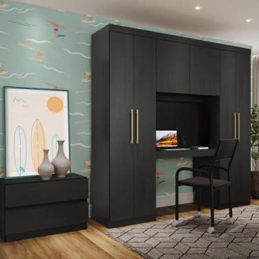 Imagem de Guarda Roupa Infantil 6 Portas 2 Gavetas Porto Preto com Escrivaninha 