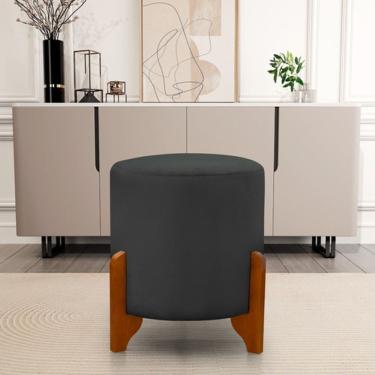 Imagem de Puff Redondo Em Veludo Com Pés Em Madeira Maciça Decorativo Sala Quarto