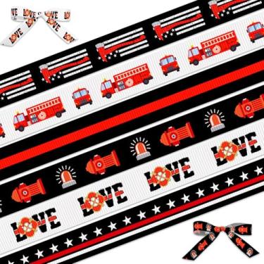 Imagem de Habbiful 6 rolos de fita temática de bombeiro de 18 jardas para embrulho de presente, laços de guirlanda, fitas patrióticas finas de suporte de bombeiro, fitas de gorgorão vermelhas e pretas para