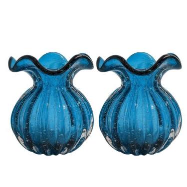 Imagem de Kit 2 Vaso de Vidro Murano Flor Plantas Arranjos Azul Trouxinha 10x11c