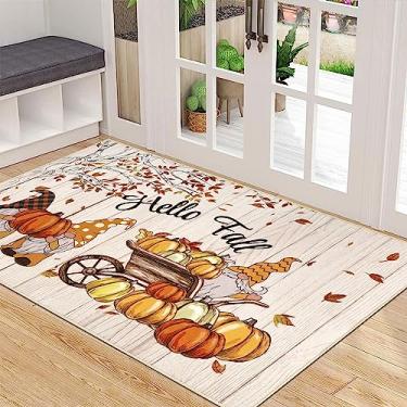 Imagem de U'Artlines Tapete de porta da frente Hello Fall Pumpkin Gnomo 81 cm × 122 cm capacho absorvente resistente à sujeira tapete antiderrapante de baixo perfil tapetes de entrada laváveis