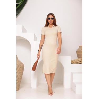 Imagem de Vestido Feminino Midi Gola Polo Canelado Premium P M G - Mar e Cel, Be