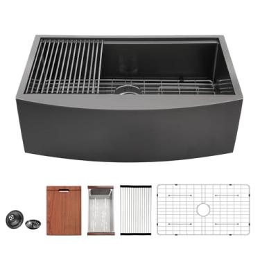 Imagem de Pia de fazenda preta - Mocoloo 91 x 55 cm Pias de montagem inferior de aço inoxidável preto calibre 16 91 cm avental de tigela única borda estação de trabalho lavatório de cozinha de fazenda, bacia de